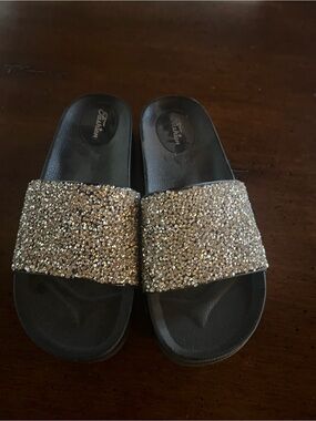 Embellished Slide Sandals with Gold Rhinestones